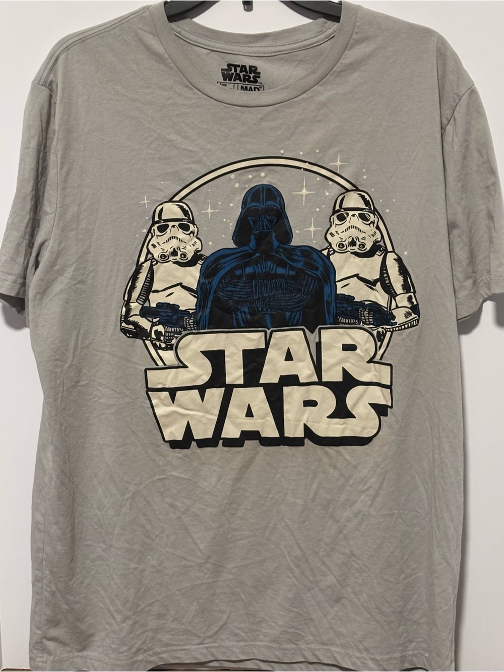 MAD Engine Gray Star Wars Graphic Tee with Navy and Cream Print